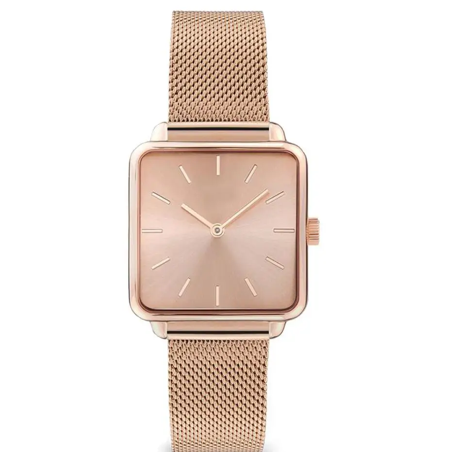 Rose Gold Simple Magnetic Mesh Belt Band Watch Women Fashion Square Wristwatch