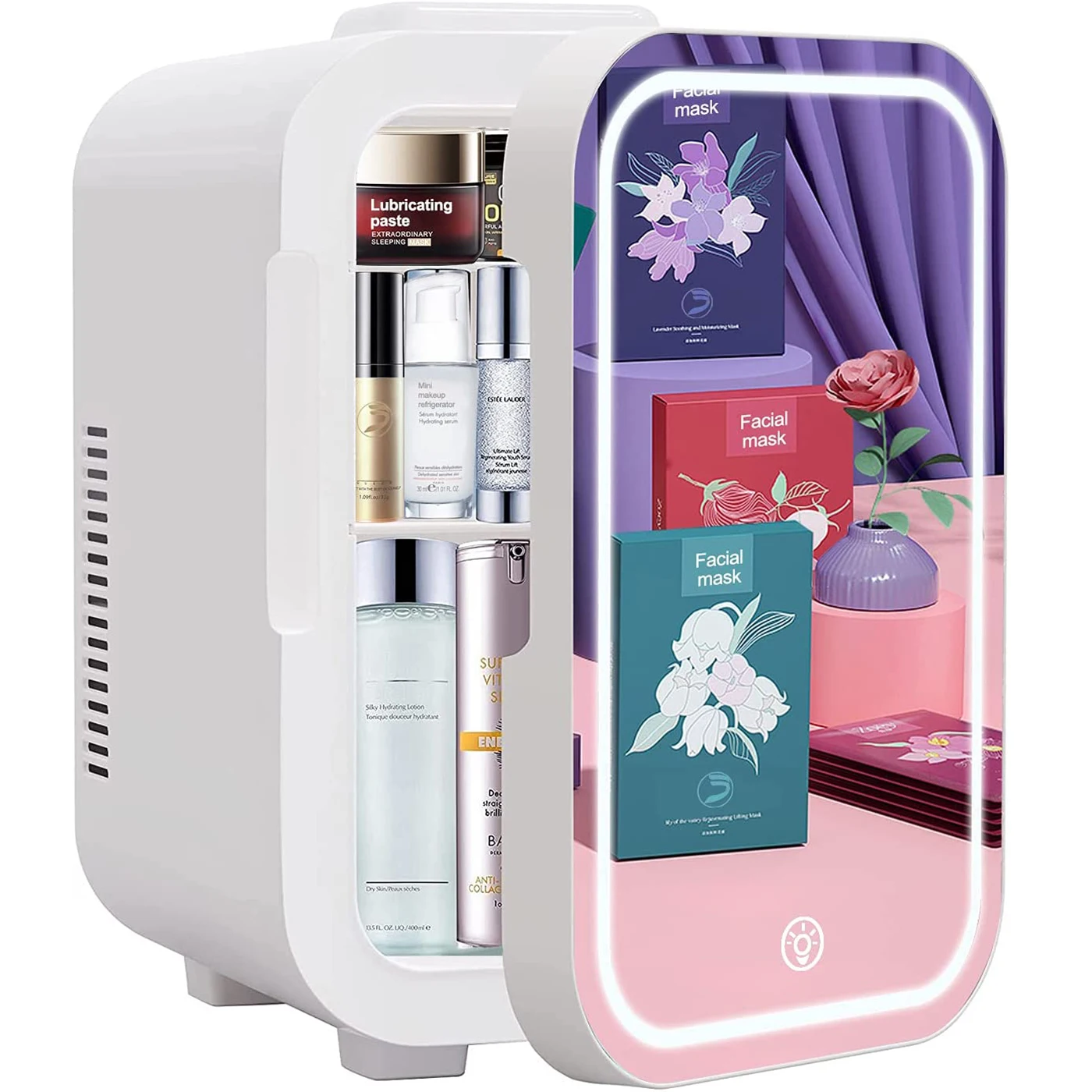 
Portable Mini Car Refrigerator with Dimmable Vanity Mirror Door 