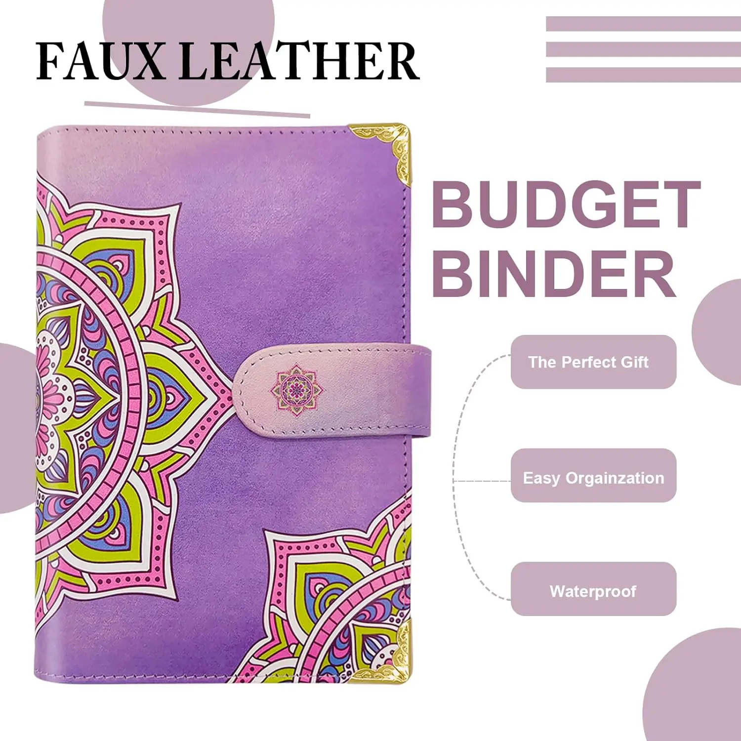 New Gift Quilted Leather Notebook Cover A4 A5 A6 6-Gold-Ring Wallet Budget Binder for Cards, Cash, Bills & Document