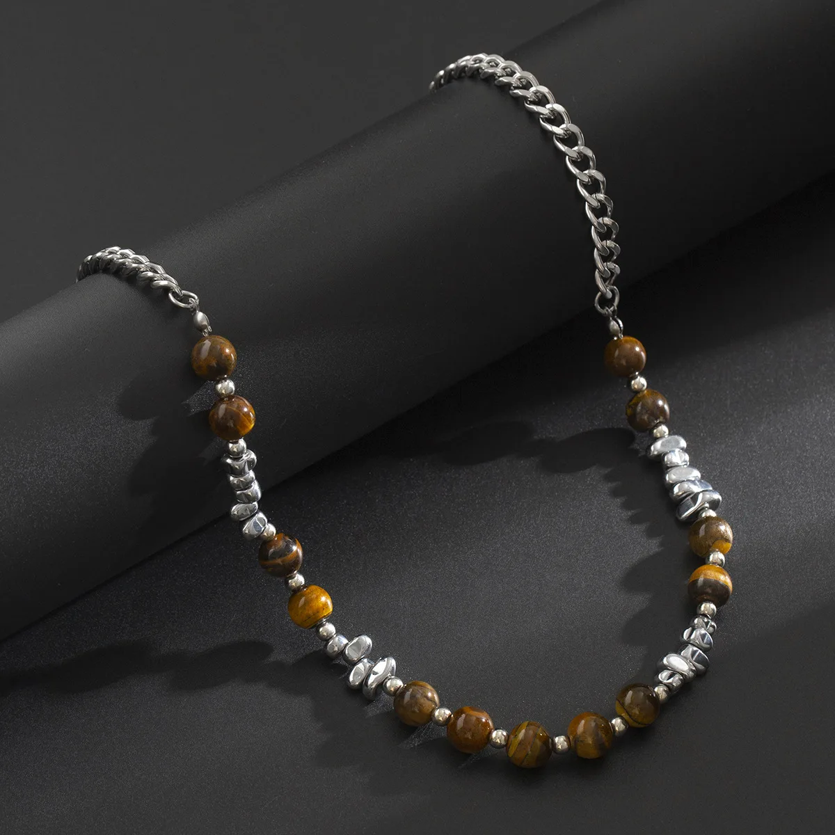 Vintage Stainless Steel Tiger Eye Stone Bead Necklaces For Men/women Trendy Chunky Chain On The Neck Fashion Jewelry Accessories