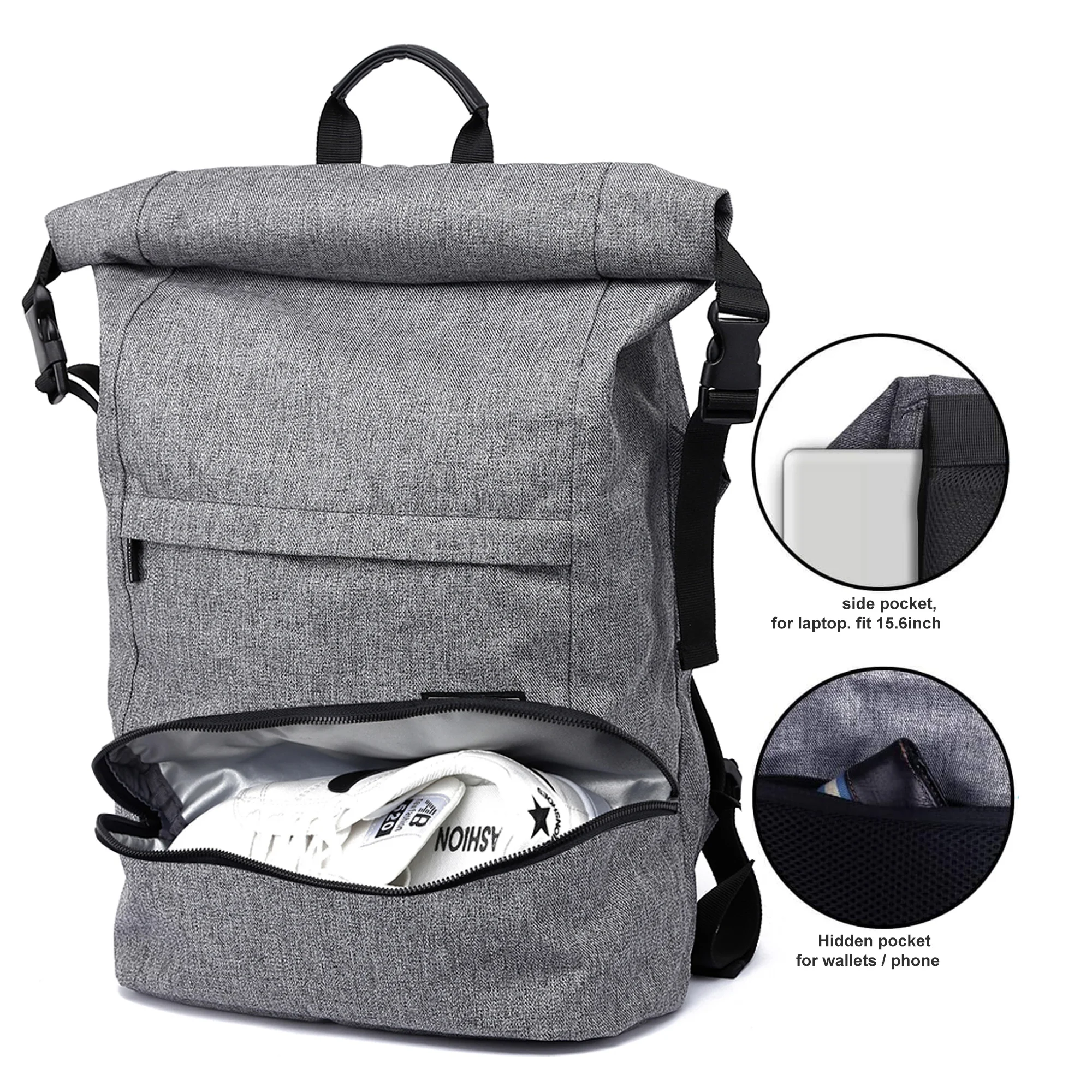 
Foldable sports fitness laptop backpack with shoes compartment roll top rucksack 