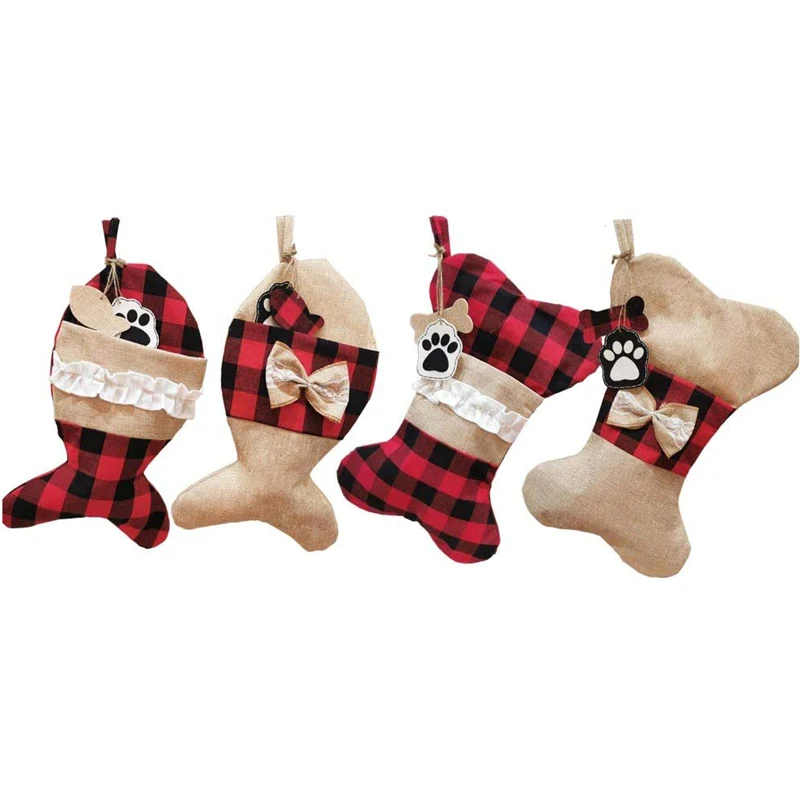 
Hot sale product Buffalo Plaid Large Bone &Fish Shape Pet Christmas Stockings for Cat Dogs Christmas Decorations 