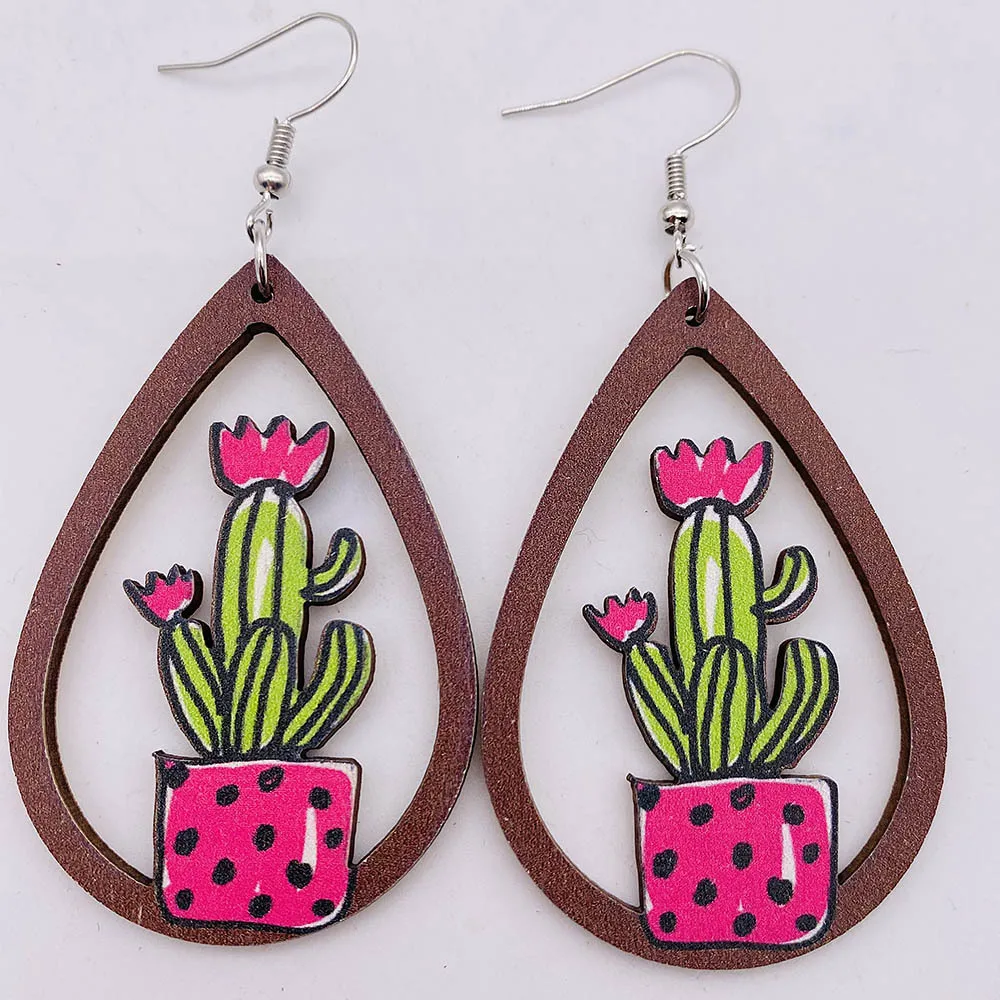 Western Style Cowgirl Cowboy Bull Head Boots Cactus Shape Wooden Earrings Jewelry Wholesale