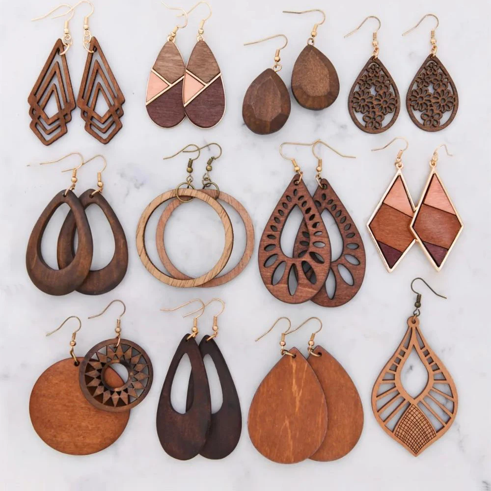 2020 Long Wooden Geometric Earring Woman Christmas Rattan Tear Round Wood Snap Laser Wooden Drop Earrings//