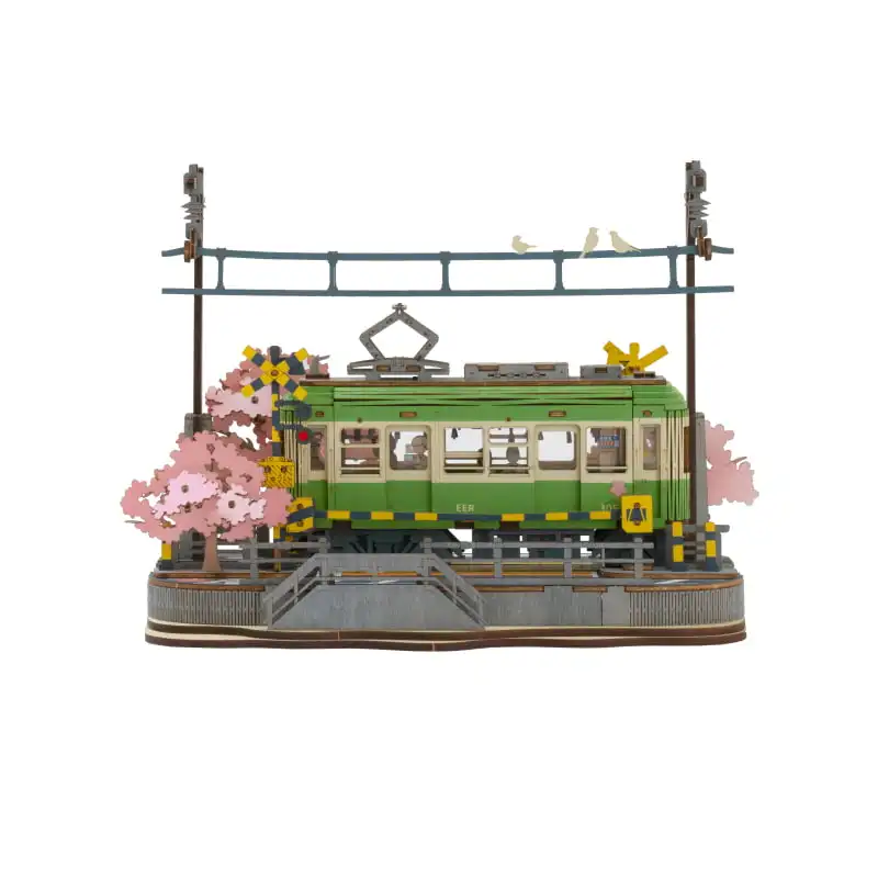 Robotime Rolife 3D Wooden Puzzle for Adults, Sakura Journey Tram DIY Model Building Kits with LED