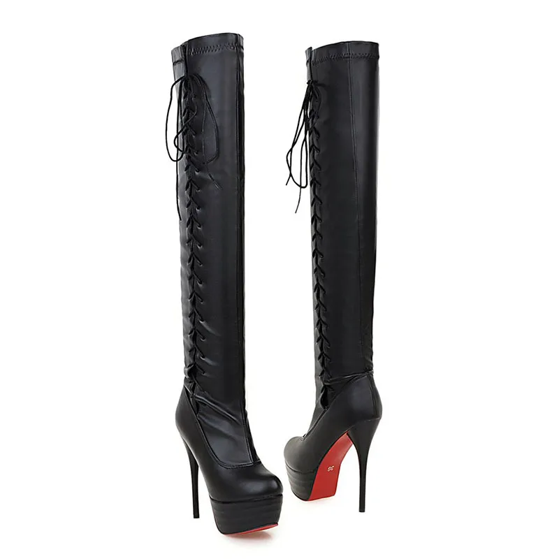 Женские высокие модные элегантные сапоги выше колена на шнуровке, водонепроницаемые сапоги на платформе, 2020