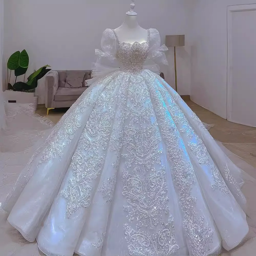 ZX-6031 Luxury Square Collar Short Sleeve Ball Gown Wedding Dresses Bridal Gowns Long train one shoulder heavy wedding dress