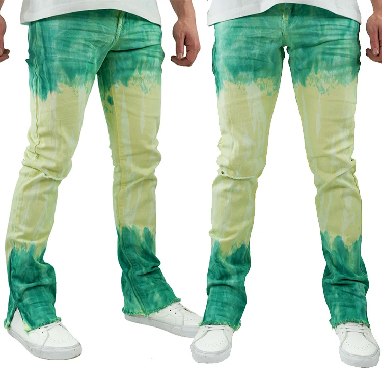2023 New arrival tie dye jeans distressed ripped jeans stacked jeans men flare