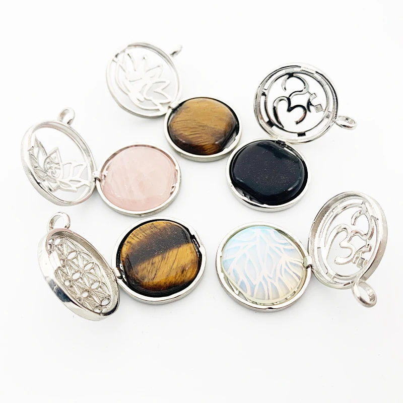 Natural Stone Pendant Round Charm Lotus Ohm Zen Woman Necklace 25 mm Energy Jewelry