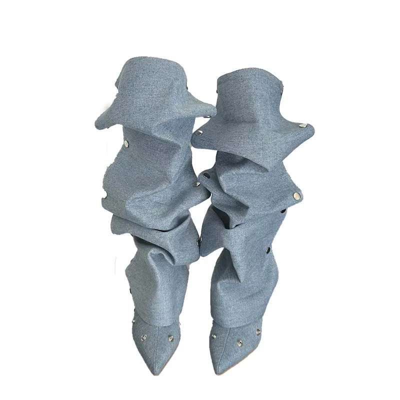 Willow nail buckle stitching two-wear high heel Denim pleated pile boots female personality hot girl fashion boots