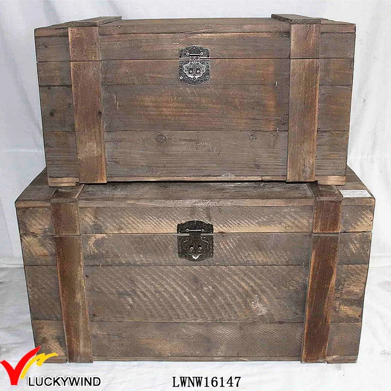 Luckywind Vintage Farmhouse Home Decor Handmade Natural Antique Reclaimed Wood Storage Trunk