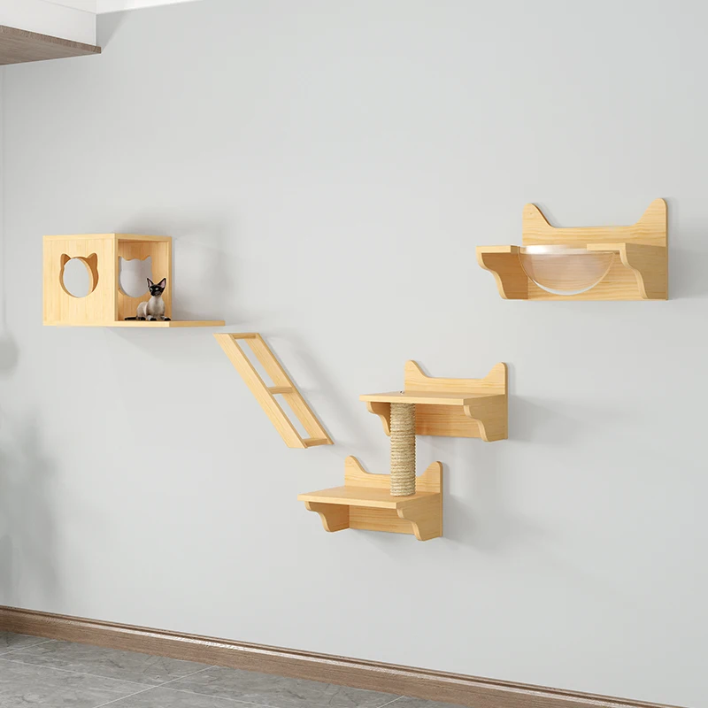 Pine bamboo cat wall climbing frame set of 5 cat wall furniture cat shelves and perches