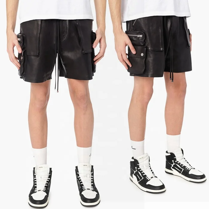 OEM high quality fashion premium designer custom label men short pu leather cargo short