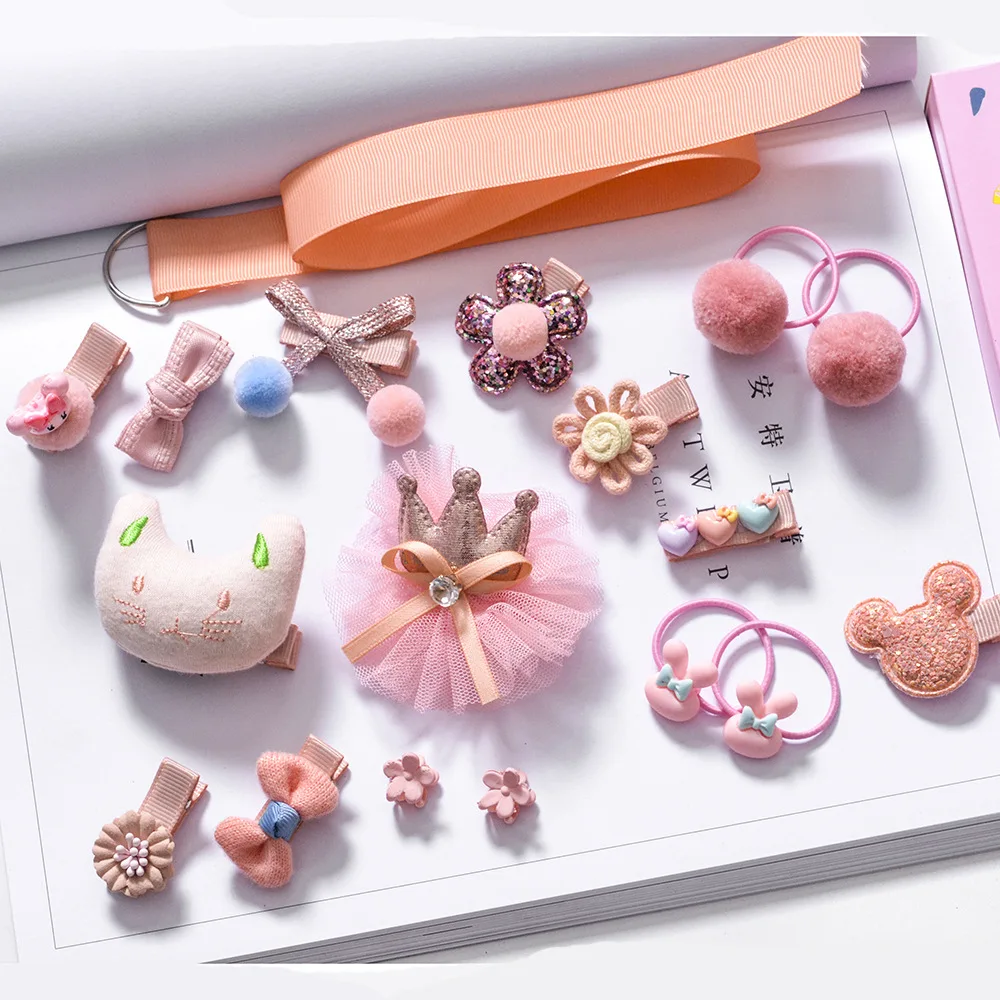 Children hair accessories 18 pieces sets fabric hair clips  bowknot hair rubber bands animal charm cute jewelry for kids