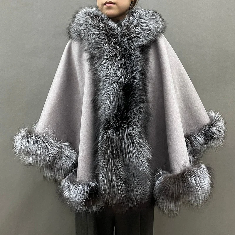New Coming Real Fox Fur Poncho Women with Hood Cashmere Fur Shawl Cape