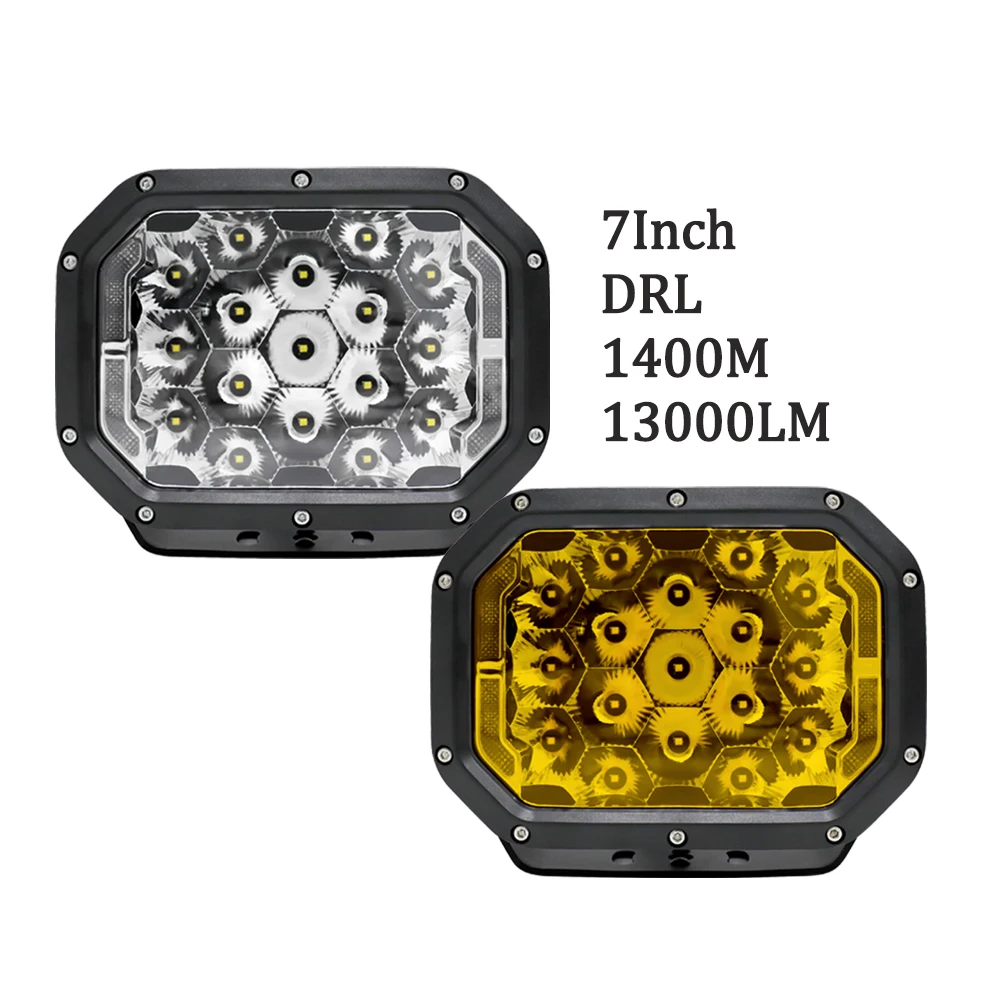 Clear Yellow Lens 13000lm IP68 1400M 204W 0sram White DRL Offroad 4WD Car Bumper Square Led Driving Lights 7 Inch for Off Road