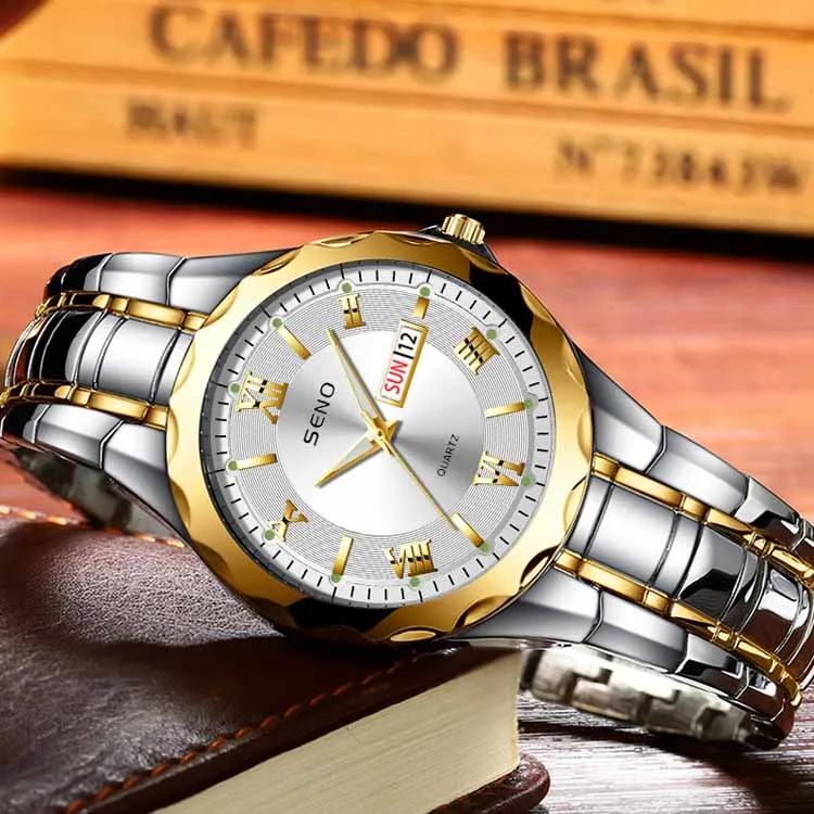 SENO S025 popular Chinese man quartz watch low price steel strap waterproofing date display free shipping business watch set