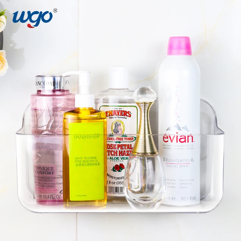 Self Adhesive Removable No Drill Damage Free Wall Mount Bathroom Shelf Clear Plastic Storage Organizer bathroom organizer rack