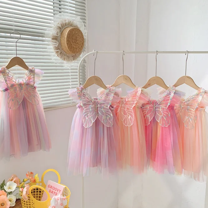 Wholesale sweet children summer clothes soft  princess Rainbow Wing party girl dress