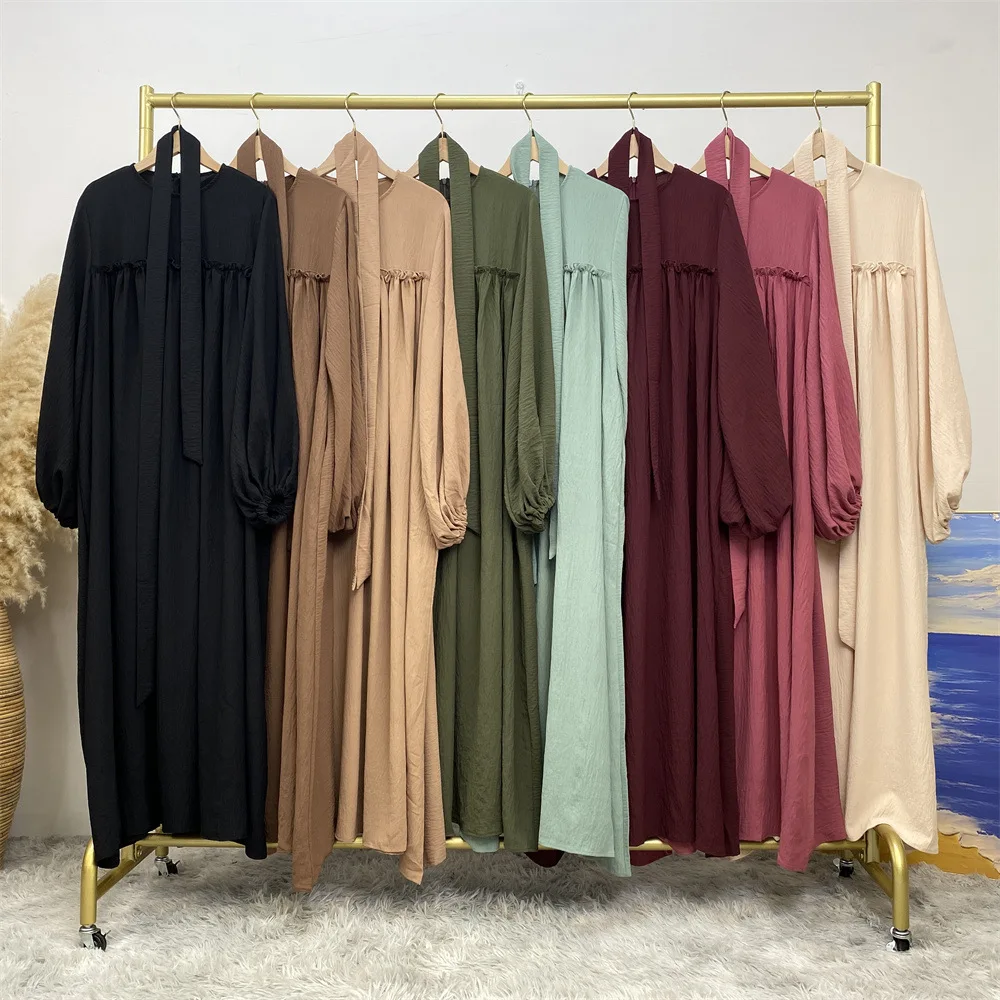 8 Colors Big Loose Sleeves Wrinkle Crepe Crew Neck Closed Abaya Cute Bust Pleats Maxi Dresses With Side Pockets