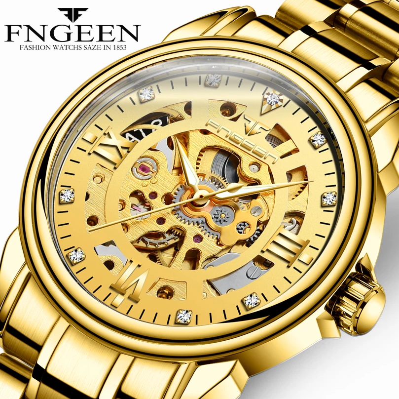 FNGEEN 0014 king golden mens mechanical watch creative steel band water resistant auto winder Leisure wristwatch