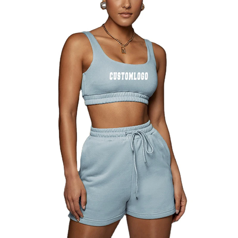 Custom Logo 2piece set Women Ribbed Active Vest Crop Matching Sweat Biker 2 piece short set Outfit Women Tracksuit Sweatsuit Set