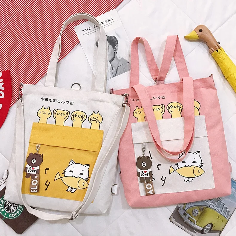 2021 Girls Female Shopper Casual Cartoon Cat Eating Fish Pattern Tutorial Bag Wallets Canvas Totes Purses and Handbags for Women