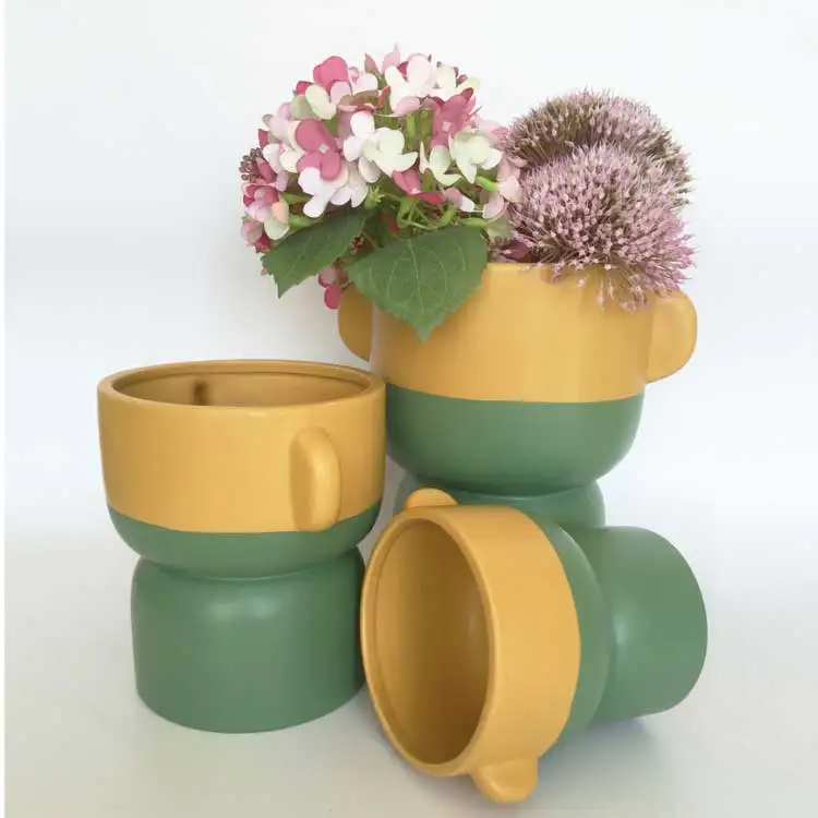 wholesale creative new Item nordic Style Design Ceramic Porcelain Home Decoration Green Glazed Yellow Flower Vase