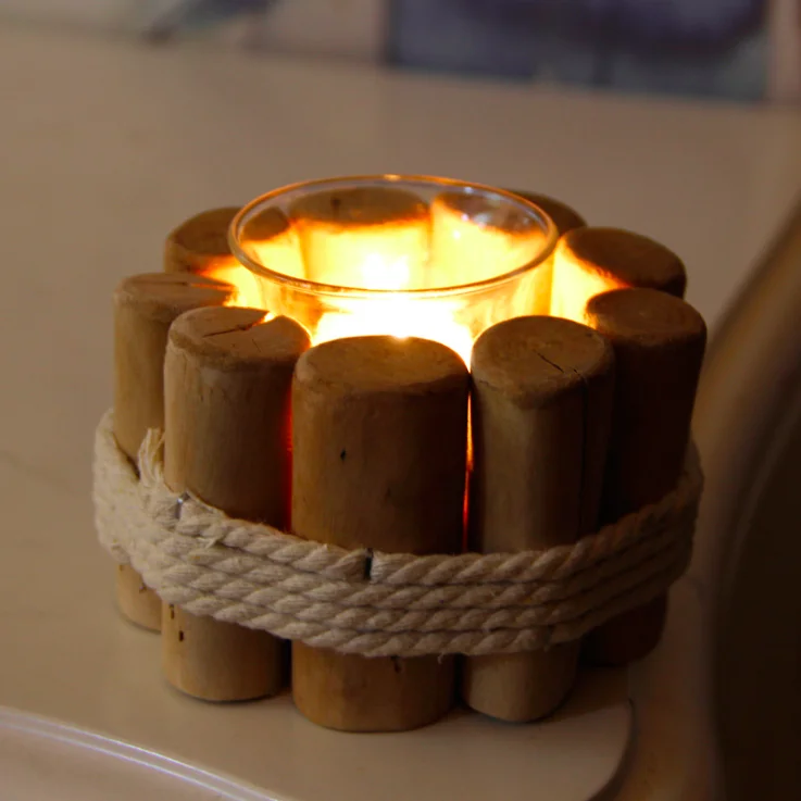 Wholesale new design rustic style home natural wooden base candle holder with glass cup