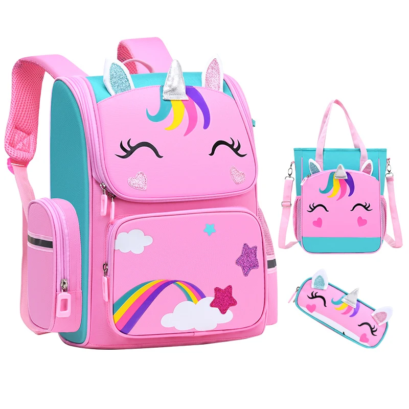 Fashion cute unicorn school bag 3 sets with handbag and pencil case for primary kids