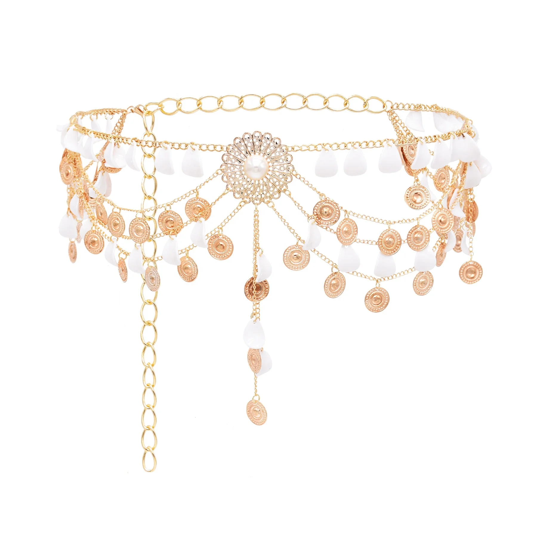 Exquisite Ethnic Style Acrylic Petal Coin Tassel Imitation Pearl Alloy Flower Waist Belt Chain Multi-layer Body Chain for Women
