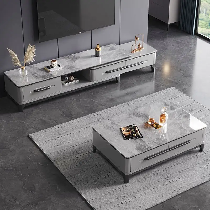 TV Cabinet Italian Light Luxury Slate Tv Stand And Coffee Table Set Modern Minimalist Retractable Living Room Floor Cabinet
