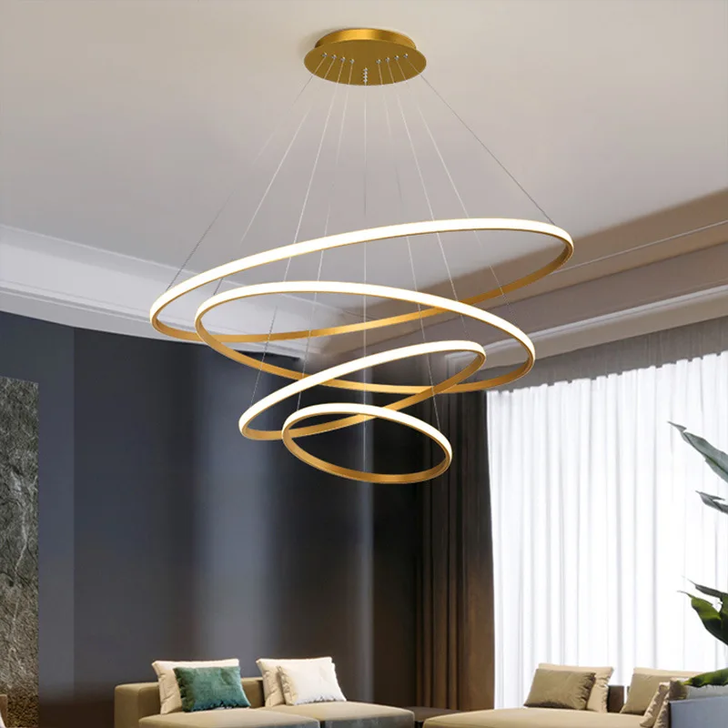 Home Decorative Modern Bedroom Living Room Hotel Circle Hanging 3 Ring Acrylic Gold Luxury Round Led Chandelier