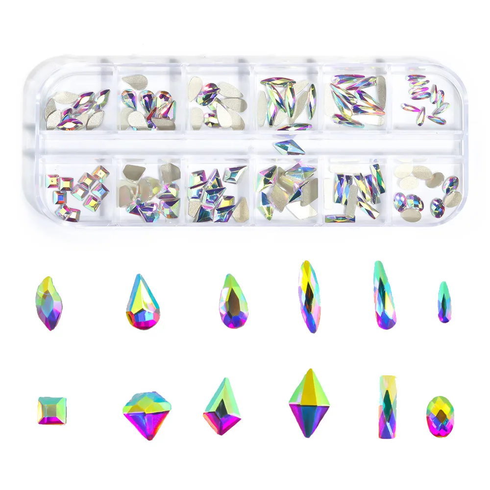 New product 12 grid boxed AB color special-shaped nail polish glass flat bottom rhinestone nail stickers DIY jewelry accessories