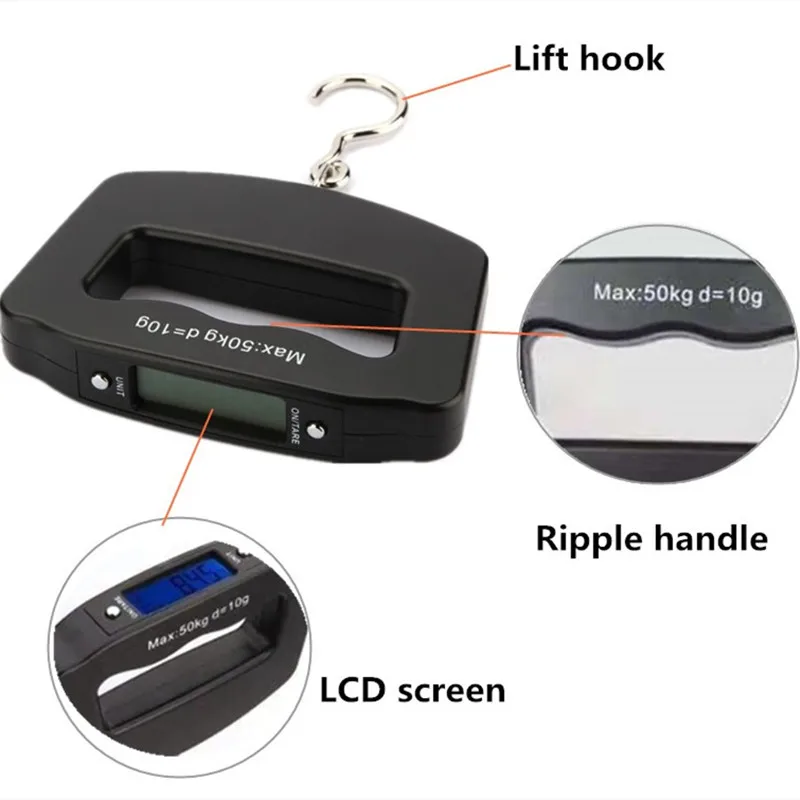 Black Luggage Scales Plastic Digital 50kg Portable Hook Luggage Scale with Belt