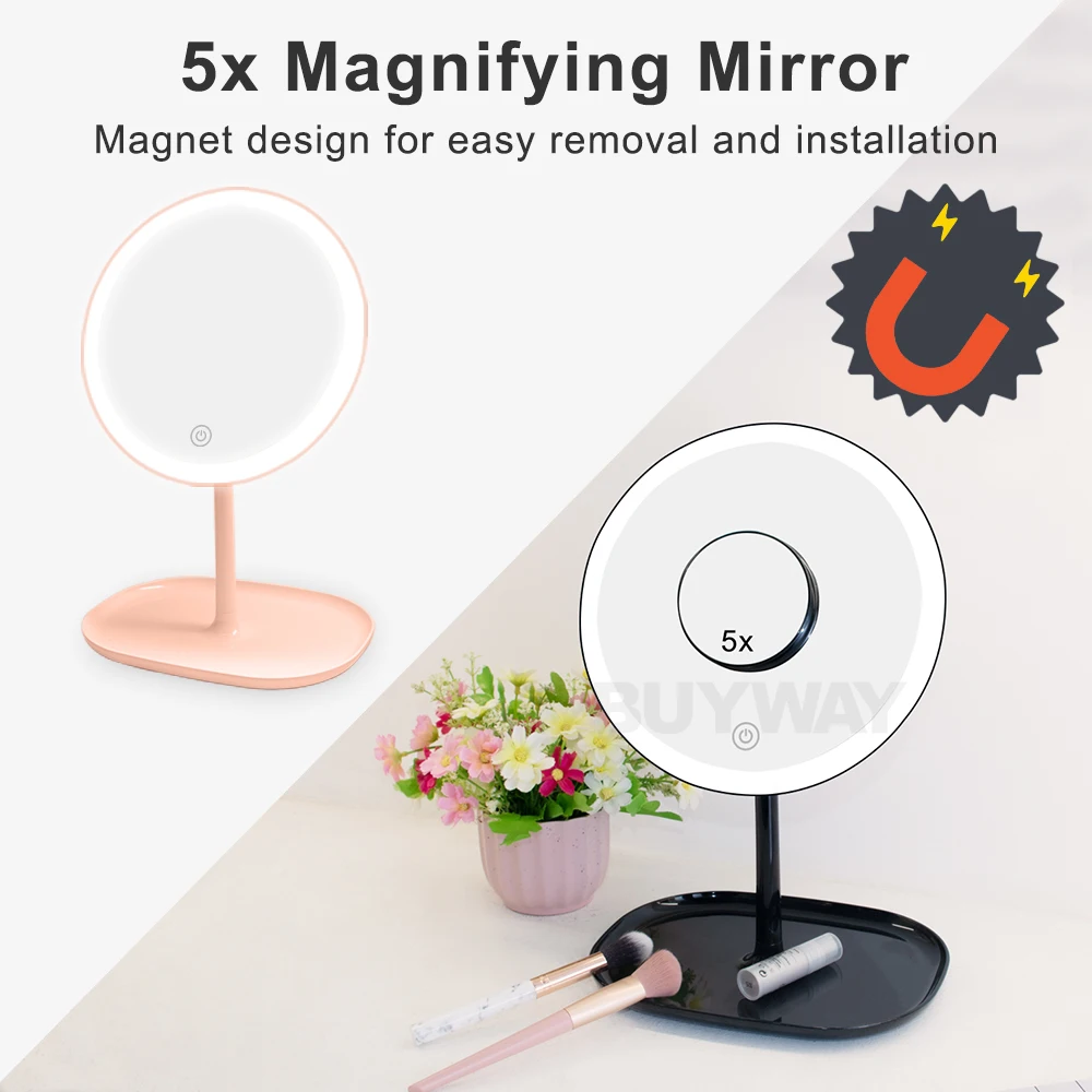 Wholesale Flexible Portable Cosmetic Tabletop Lighting 5x Magnifying Mirror Led Espejo De Bolsillo Makeup Mirror With Led Lights