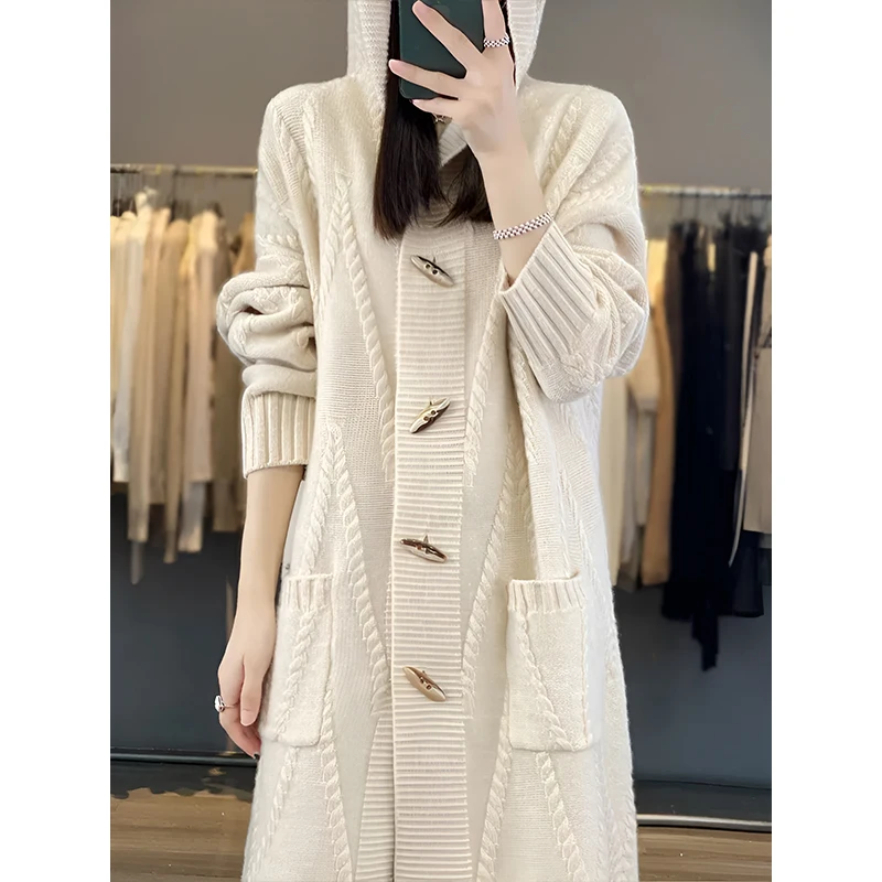 Guoou Inner Mongolia Wool  Mid Long 100% Cashmere Sweater Cable Cardigan Hooded Cardigan Women