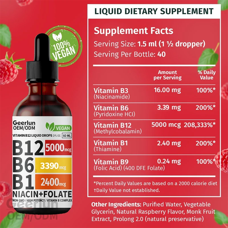 OEM Hot Sale Vitamin B12 Liquid Drops Energy Support Promote Brain And Heart Health Vitamin B Supplement