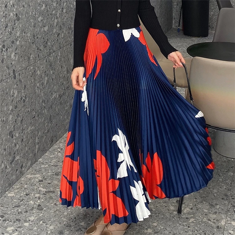 Wholesale Women High Quality Fashion Polyester Material Pleated Skirt Elegant Causal Long Printing Pleated Skirt