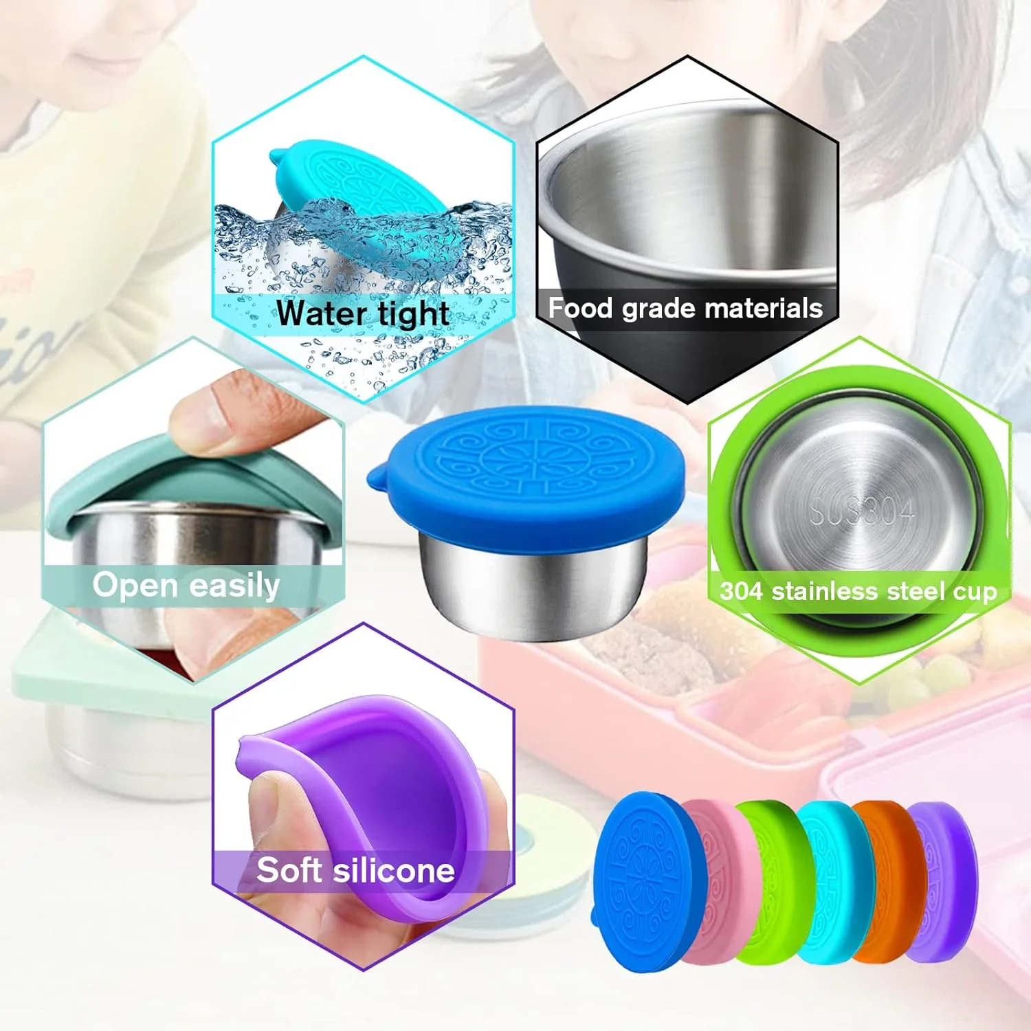 1.6 oz Stainless Steel Condiment Cup Reusable Dipping Sauce Cups Container With Silicone Lid