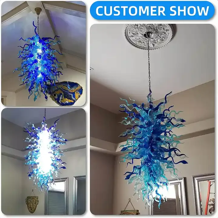Customized Hotel Pendant Light Blue Colored Modern Luxury Art Blown Glass chihuly style unique design large glass chandelier