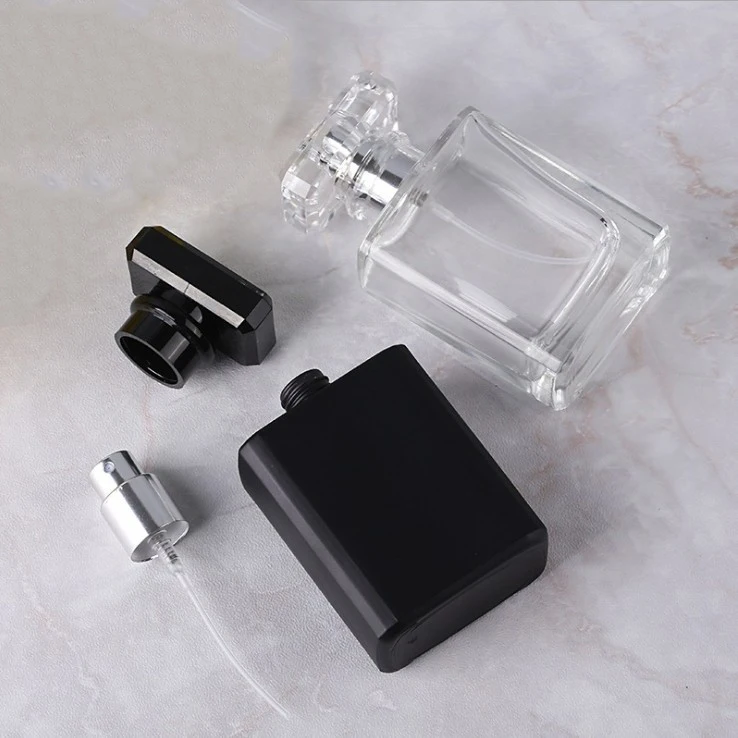 Homay high quality  20ml 30ml 50ml 100ml long square glass perfume bottle with acrylic cap and pump sprayer for cosmetic