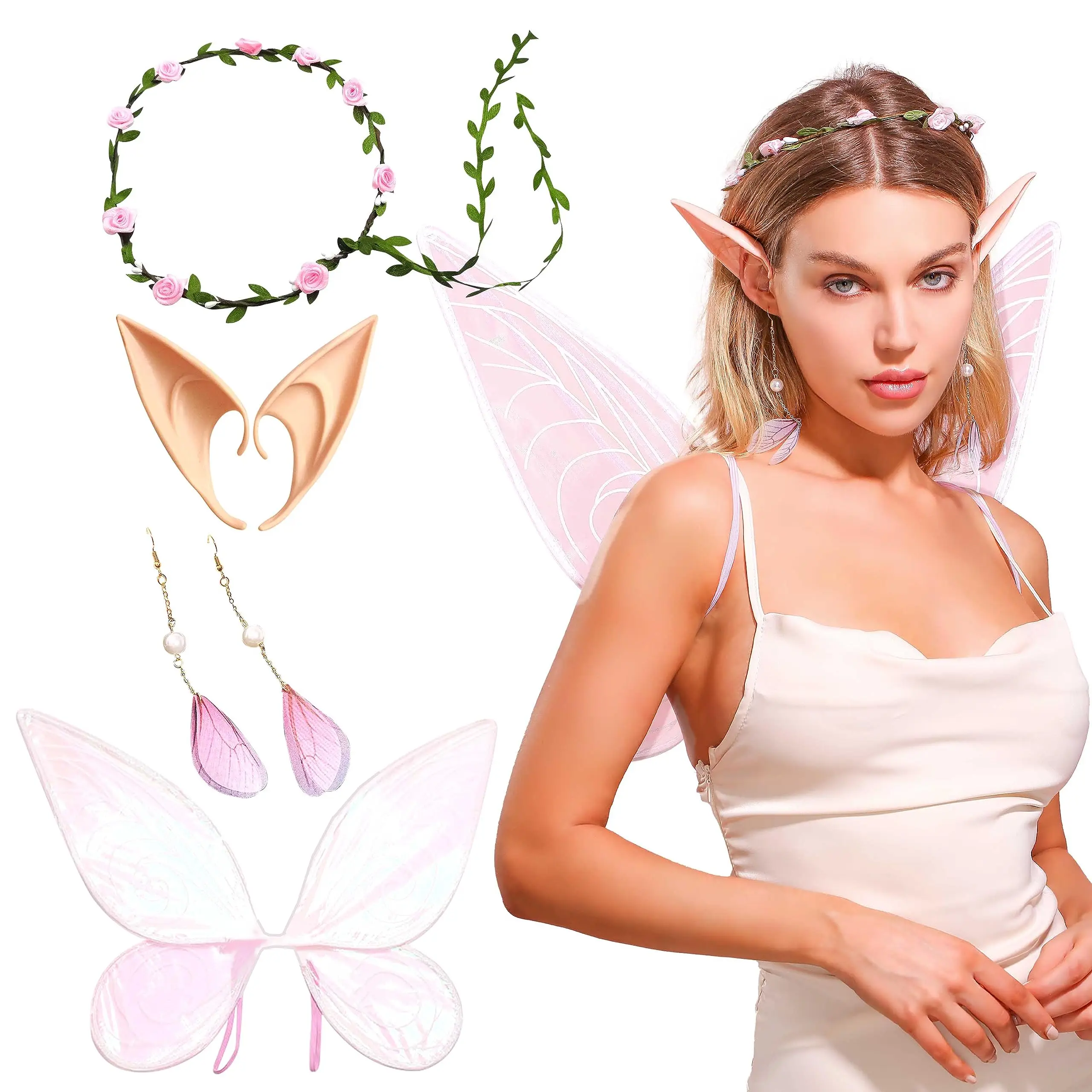 Cosplay Costume Pink Fairy Wings for Adult Elf Ears Fairy Floral Headband Crown Fairy Outfit Cosplay Party Accessories