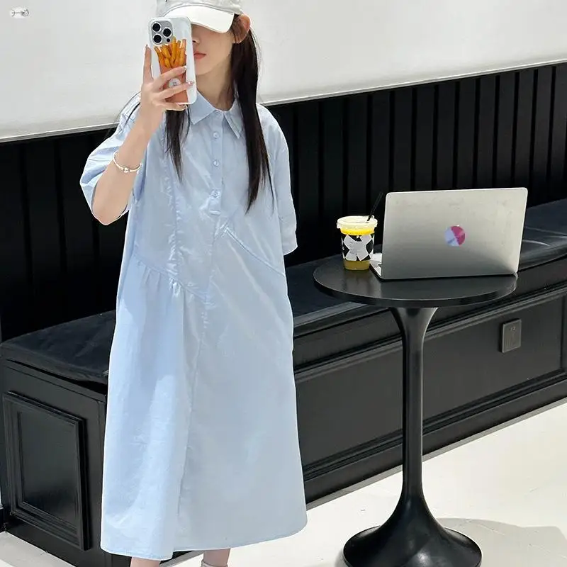 2024 New  Children Girl Short Sleeved Light Blue Shirt Dress Teenagers Cotton Dress 5-15 Years