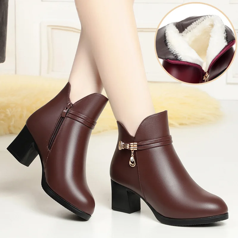 Xuanhui Новое поступление новинка зима большие размеры Стильные теплые модные черные ботильоны на высоком каблуке