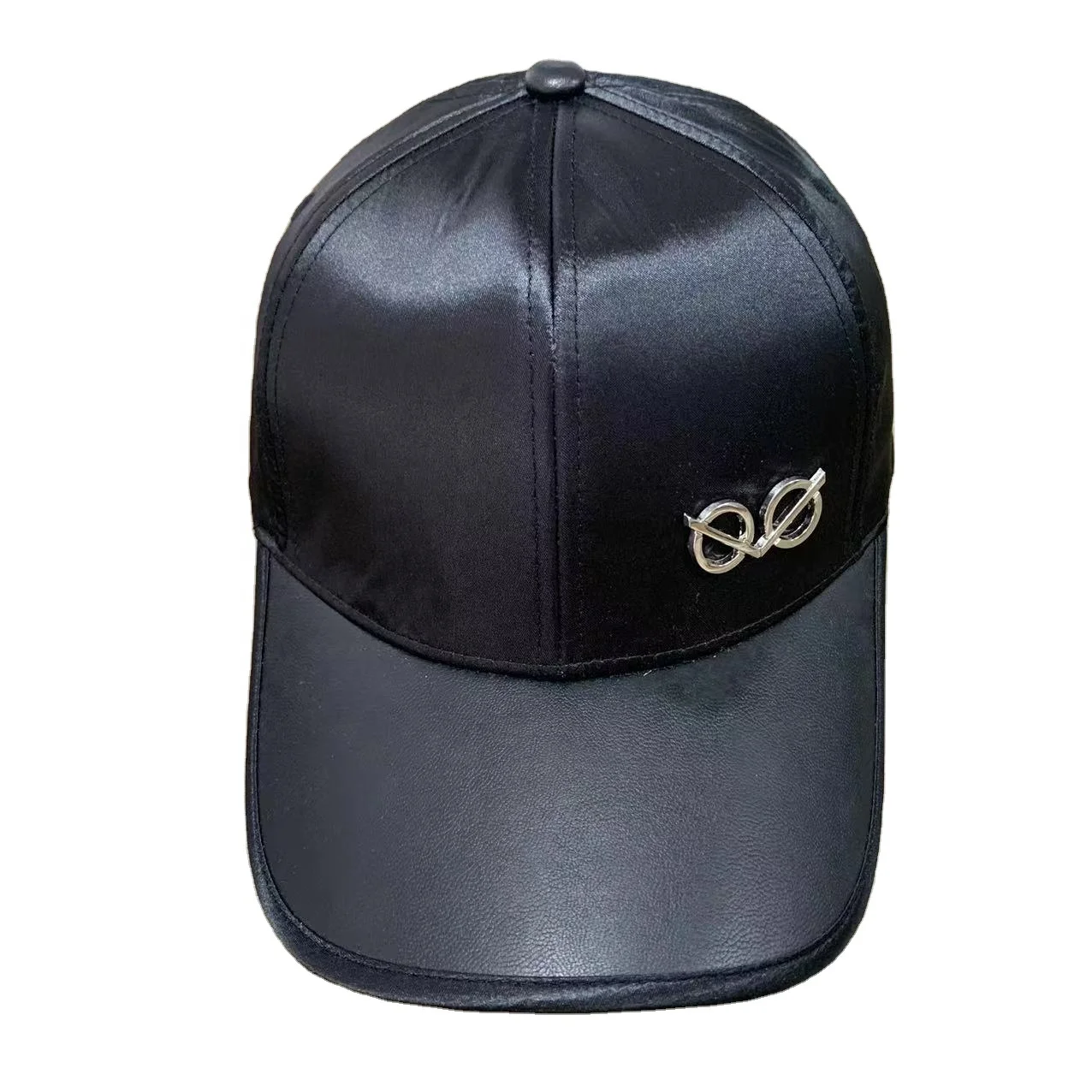 Blank Shiny Satin Fashion Hats Custom Metal Patch Binding Brim Black Satin Baseball Cap Hat With Silk Lining