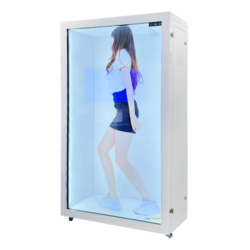indoor interactive lcd portrait real time projection cabinet 3D advertising virtual box holobox transparent display showcase