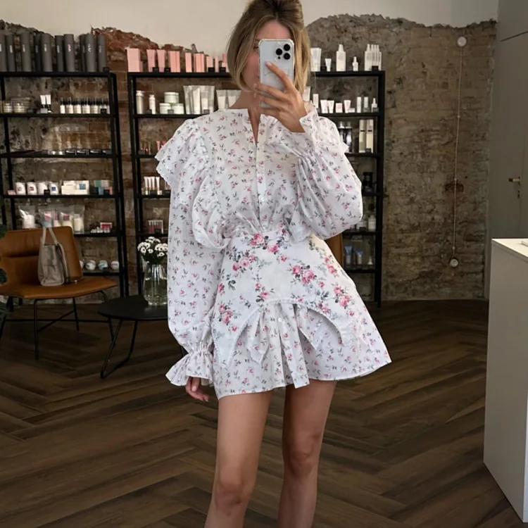 2024 Designs Button Up Lace Trim Ruffle Long Sleeve Short Summer Dresses Beautiful Floral Corset Shirt Dress For Young Ladies