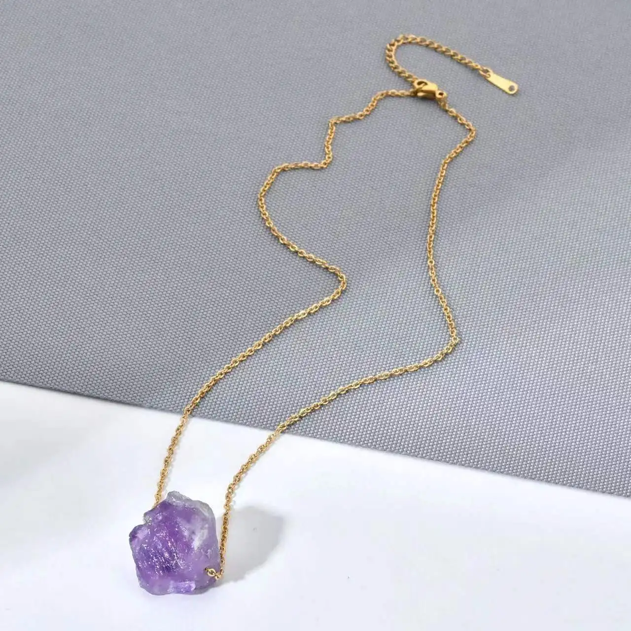 PJ-C456 Raw Birthstone Necklace , Layering Dainty Stone Pendant Healing Crystal Necklace stainless steel chain