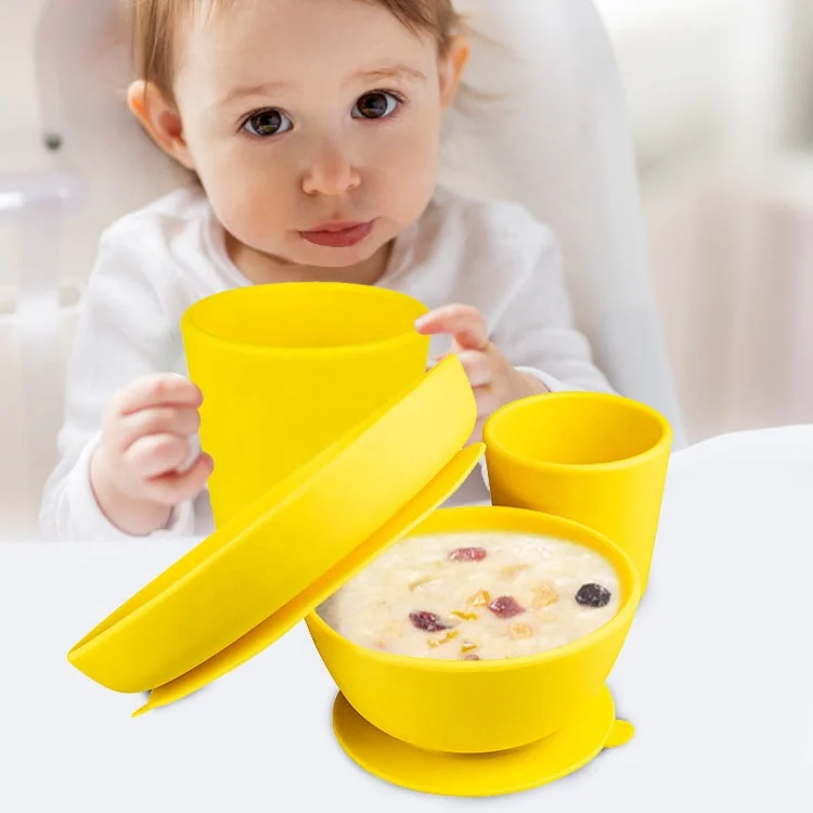 Ready to ship 3 Piece BPA free Food Grade Training Tableware High Suction Kids Toddlers Eating Silicone Baby Feeding Set
